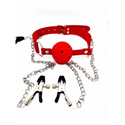DS Fetish Ball gag with nipple clamps red