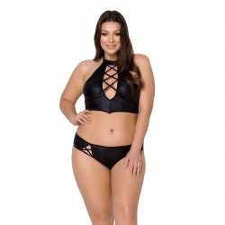 Комплект из эко-кожи Passion Nancy Bikini 4XL/5XL black, бра и трусики с имитацией шнуровки